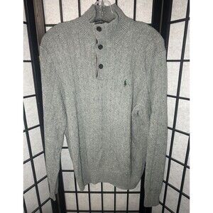 Polo Ralph Lauren Gray Tussah Silk Rare Cable Knit Button Sweater Men's Large‎
